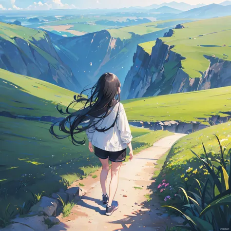 (perspective 2 vanishing points:1.2) a girl from the back, standing on the edge of the hill (back:1.2) (jacket:1.2) black hair, long hair, a beautiful landscape, (nature :1.2)  (shorts:1.2)