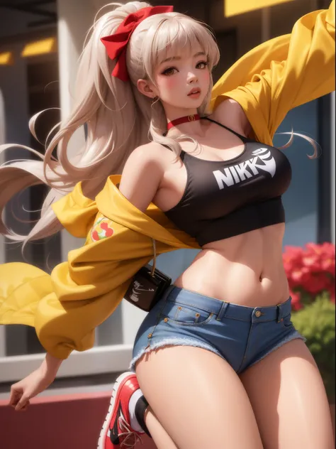 Uchimeimei, Very sensual, Clothes for girls with funk, Brazilian, Rio de janeiro, Dancing funk, scroll, big assa, thick leg, Wear extremely short denim shorts, wearing a mini shirt, There is leakage in the belly button, Nike sneakers, long whitr hair, Spea...