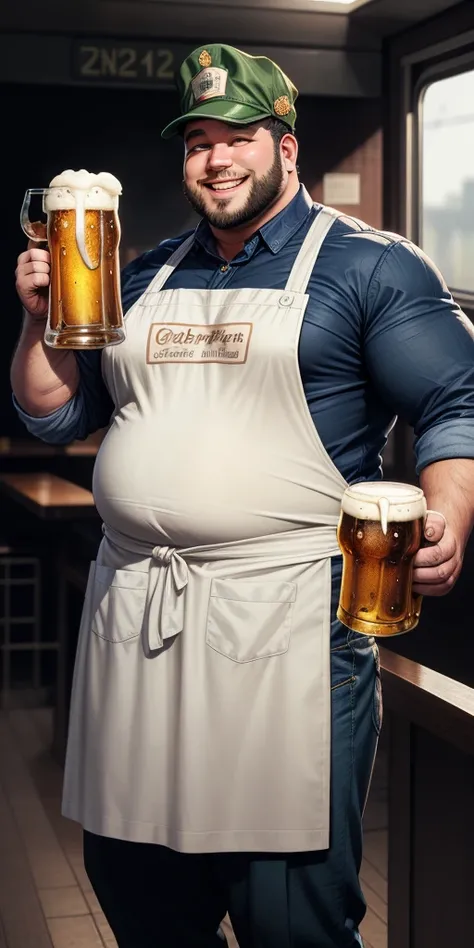 Monochromatic outline drawing of a chubby burly barkeeper wearing an apron and a train conductor cap, grinning friendly, towel over obe shoulder holding a beer glass in the other hand