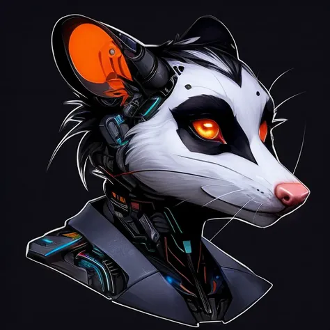 a den of the species didelphis albiventris (white-eared opossum), female, anthropomorphic with orange eyes, busto, Cyberpunk, ciborgue, estilo estilizado, expression of indifference, Escuro