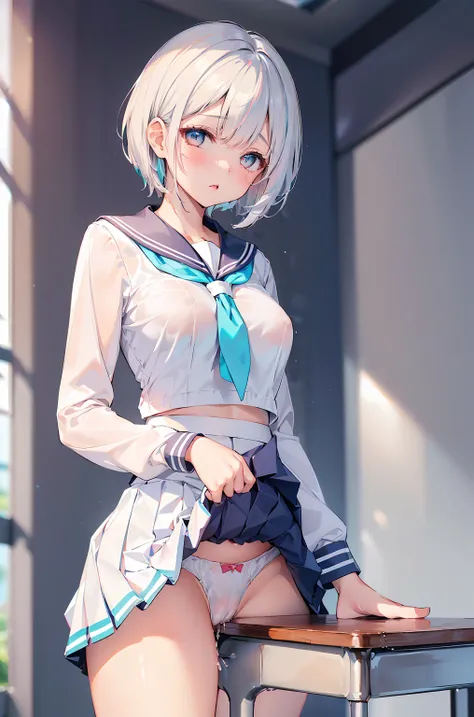 1girl, (table humping:1.5), (crotch rub:1.2), ((School_uniform), (sailor_suit), (Miniskirt) Class room, white panties, (skirt lift:1.5), (White hair and blue highlights),cyan eyes, medium, short hair, solo, (medium breasts:1.2),  table, lifting,(suggestive...