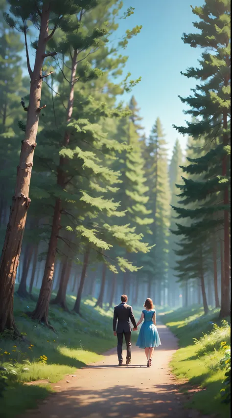 man and woman holding hands side by side in a forest full of many trees and lots of greenery and lots of birds and blue sky image in pixar drawing model --auto --s2