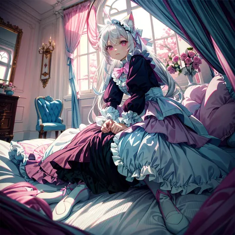 HighestQuali, White hair，cat ear，a pink eyes，Light blue Lolita，white leggings underneath，Pink bow，Inside the room，kneeling on a bed