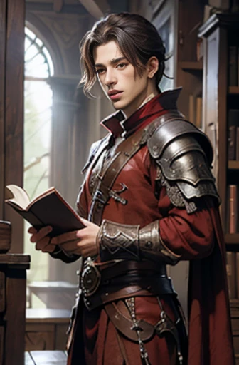 sorcerer、fantasy costume,a sorceress、handsome men、red outfit、magic book