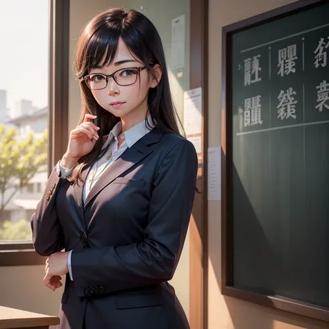 photos realistic、30-year-old woman with、Asian、eye glasses、Gentle Eyes Suit、Standing on the name on the blackboard in the school classroom、Japanese Teacher