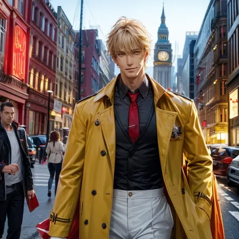 1 man, solo, John Constantine,  British man, tall, fit muscle, big baggy faded plain yellow trench coat, loose long red tie, loose untidy white shirt, black trousers, making a fireball out of his right hand, smirks, light blond hair, crew cut hair style, h...