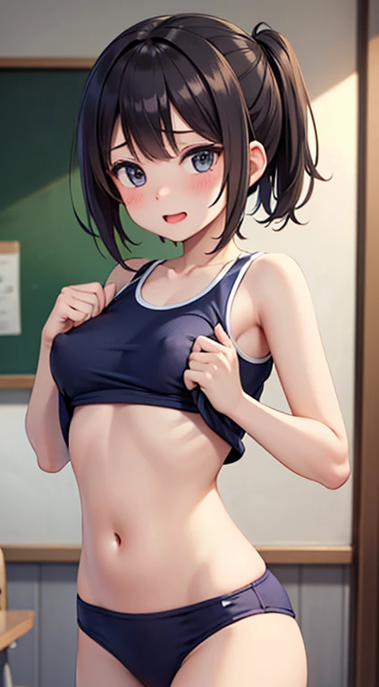 A cute girl is wearing a school swimsuit and showing her nipples