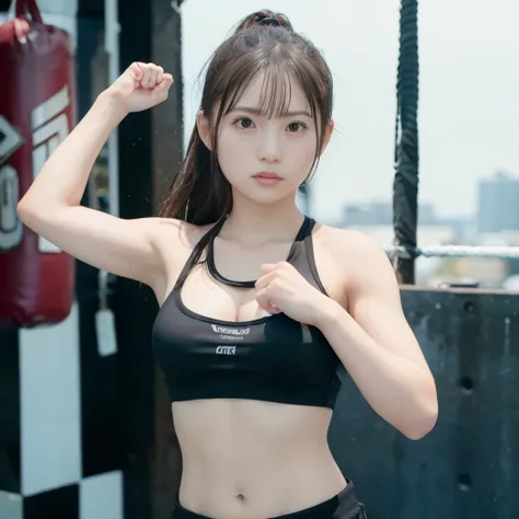 best quality, masterpiece, realistic, real person, (boxing girl) , (sexy), sweat, heavy breathing, (oppressive aggression) , athletic shorts, perfect detail,  impact, ( shiny skin), abs, muscles, big tits, waistline, boxing shorts, fist fight, black hair, ...