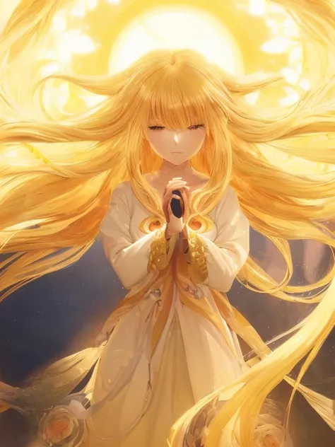 animemanga girl，long Brond Hair，Wearing a white dress, Blonde long hair anime girl, glowing flowing hair, flowing glowing hair, golden hair blowing in the wind, Anime rapunzel girl, blond-haired princess, anime goddess, Long flowing hair, Glowing long hair...