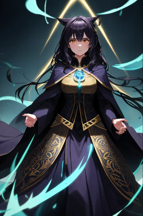 Cinematic action photo of a mage, her face illuminated by the glow of her magical spells. Her outfit, a form-fitting robe of dark velvet, is detailed with intricate patterns of gold thread and glowing runes. Her face, a picture of focused intensity, is fra...