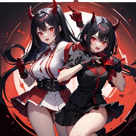 There is a demon Waifu,ultra hd,red/black hair,cute,red eye,,normal booba,Red panties Transparent flufy shirt , Short skirt,Black gloves,His mouth is open , tooth , wather,fight position,open shirt,