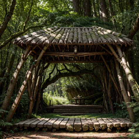 key details in the ancient forest kingdom scene:
Setting & Time Period:
Lush, dense forest with towering trees, set 10,000 years before modern technology
Structures & Shelters:
Bark planks fitted together into platforms among branches
Tiny huts nestled wit...