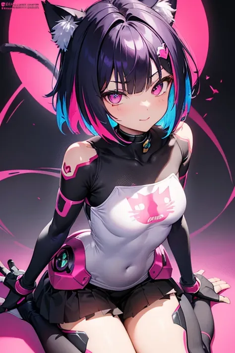 (masterpiece), best quality. gamer neko girl, dark purple bob hair, smile, red cheeks, pink mecha gauntlets and mecha full armor, cat logo, cat  neko headset, gamepad, hearts, small chest, (cyberpunk), gaming, ((((expressive eyes)))), ((((colorful)))), por...