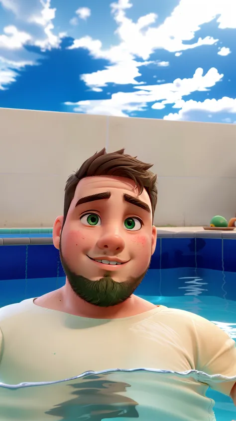 young man a little chubby in the pool with a sparse beard and Hawaiian flip-flops on the edge of the pool a little sharp nose and dark green eyes