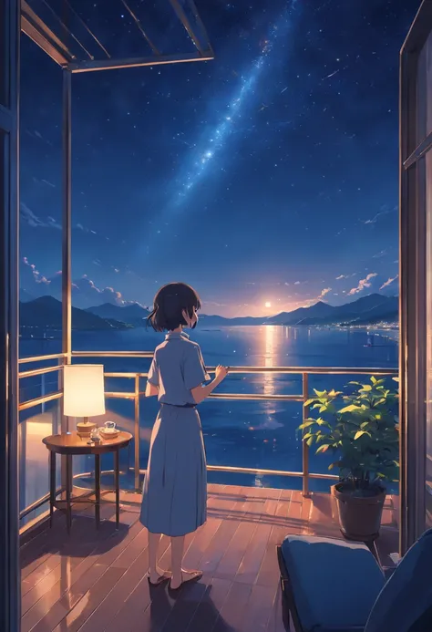 View from the large balcony of a luxury hotel、Starry sky and night sea floating on a moonlit night　faint light shining through the window