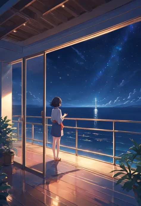 View from the large balcony of a luxury hotel、Starry sky and night sea floating on a moonlit night　faint light shining through the window