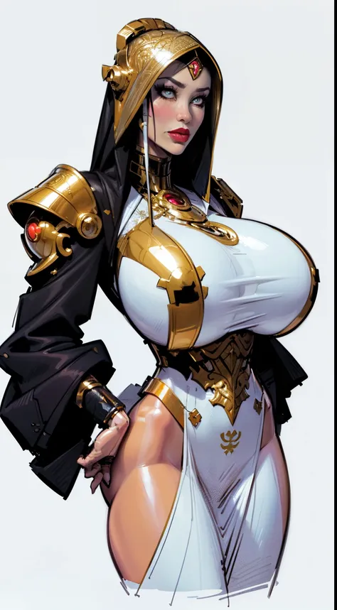 ((masterpiece)),(((best quality))),((character design sheet)), ((full body view)) ((cyberpunk empress)) mature face, ((middle eastern eyes:1.4)), ((cybernetic gown)), (((intricate futuristic breastplate))), defined cheekbones, high cheekbones, illustration...