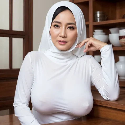 58-Years-Old,Female Store owner, Hijab Beautiful Indonesian Mature Woman, Wearing white Tight Long-Sleeve T-Shirt, White Skin Like Porcelain, Alluring Face, Erotic Pose, Realistic Ultra Gigantic Breast : 46.9,realistic wrinkels body, PP cup Breast, Seducti...