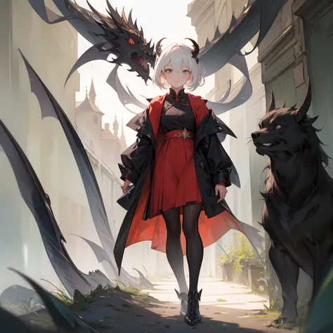 (melhor qualidade: 1.0), (super high res: 1.0), 1girl, personagem extremamente detalhado, detailed hands, Half-dragon girl, chifres, Dragon horns, Girl with black dragon tail, Black dragon tail, Cabelo extremamente detalhado, cabelo curto, ((short hair)), ...