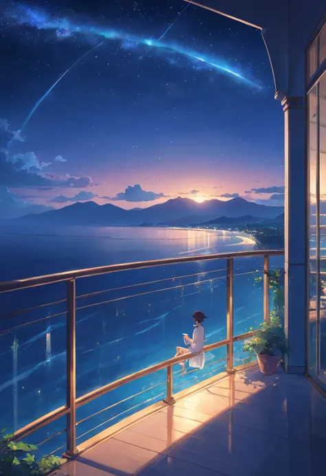 View from the wide arched balcony of a luxury hotel、Starry sky and night sea floating on a moonlit night　dimmed atmosphere