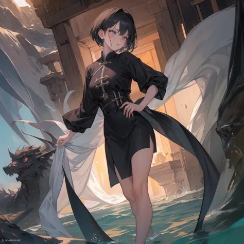 (melhor qualidade: 1.0), (super high res: 1.0), 1girl, personagem extremamente detalhado, detailed hands, Half-dragon girl, chifres, Dragon horns, Girl with black dragon tail, Black dragon tail, Cabelo extremamente detalhado, cabelo curto, ((short hair)), ...