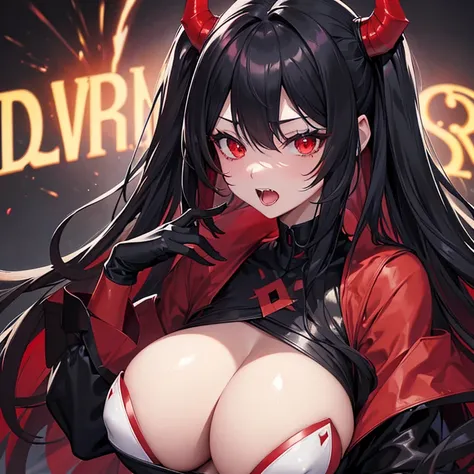 There is a demon Waifu,ultra hd,red/black long hair,cute,red eye,,normal boobs,Black gloves,His mouth is open , tooth , wather,fight position,open shirt,shy,huge,