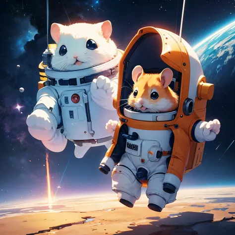 manga, fantasy , super high quality, cute hamster wearing a space suit, riding a rocket to space