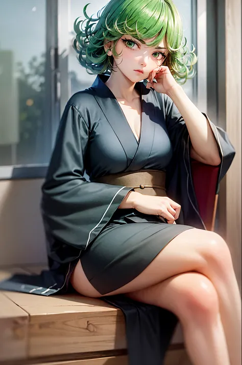 (masterpiece, best quality:1.2), solo, 1girl, tatsumaki, unamused, closed mouth, looking at viewer, hand on own face, sitting, crossed legs,black short kimono