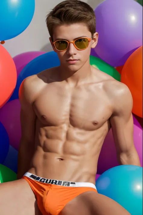 14-year-old boy, hugging big orange balloons, popping big green balloons, wearing small orange speedos, shirtless, abs, thin body, handsome, youthful, boyish, cute, black military sunglasses, photography, realistic, indoor soft lighting