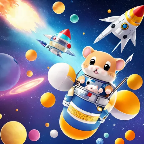 manga, fantasy , super high quality, cute hamster wearing a space suit, riding a rocket to space