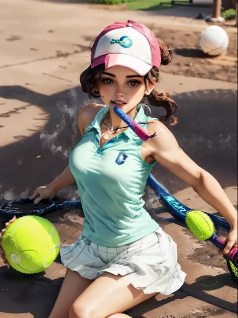 Uma mulher brasileira com camiseta branca gola polo da marca opala red, with tennis racket in hand and 2 balls on the floor