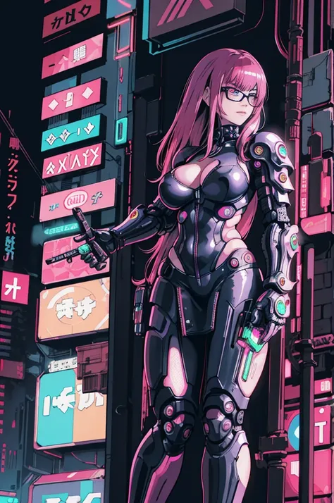 1girl, close-up, intricate details, (cyberpunk:1.4), mechanical arms, glasses, messy hair, (shiny neon armor:1.2), machines, black background, big breasts, pink hair, curvy girl but fit, a gun in her hand, bots, drones, cars