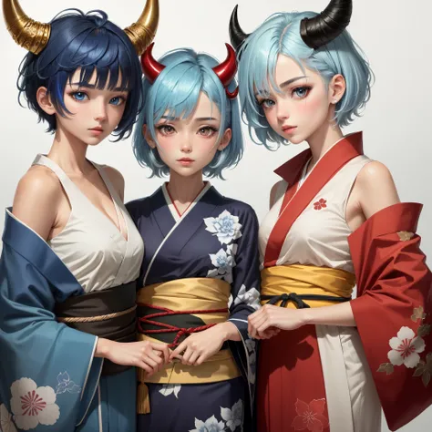 horns, one red and one blue, with blue kimono, short hair to the shoulder with bangs and two stripes under the eyes, red and one blue with white hair and white eyes