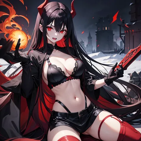 There is a demon Waifu,ultra hd,red/black long hair,cute,red eye,,normal booba,Black gloves,His mouth is open , tooth , wather,fight position,open shirt,shy, Thigh visible,Have a bra,castle,