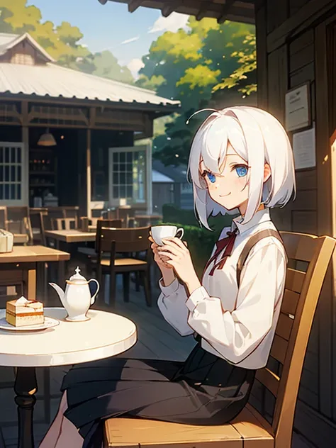 White hair、shorth hair、Blue eyes、The shirt、a short skirt、countryside、tea shop、The table、Cake on the table、sit a chair、drinking a cup of coffee、a smile、daytime、autumnal、Pretty Girl、Anime style