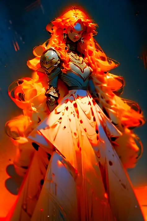 young woman, dark olive skin, orange and red ombre hair, long curly hair, wearing a ballgown with armor, yellow/orange eyes