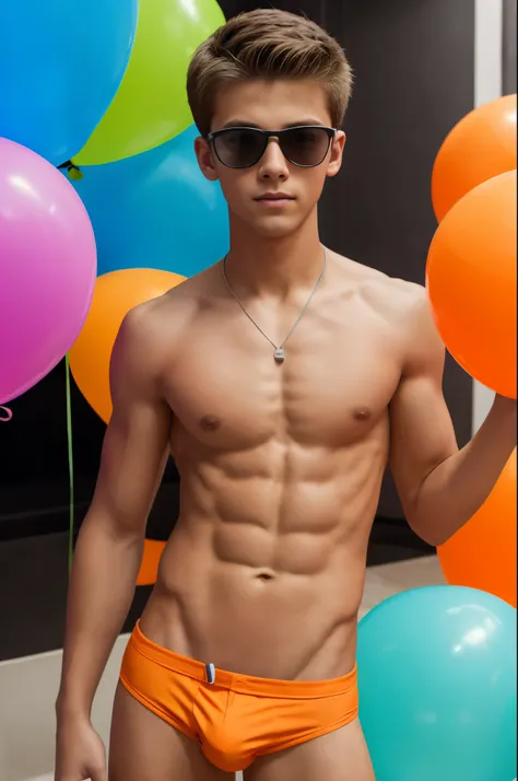 14-year-old boy, hugging big orange balloons, popping big green balloons, wearing small orange speedos, shirtless, abs, thin body, handsome, youthful, boyish, cute, black military sunglasses, photography, realistic, indoor soft lighting