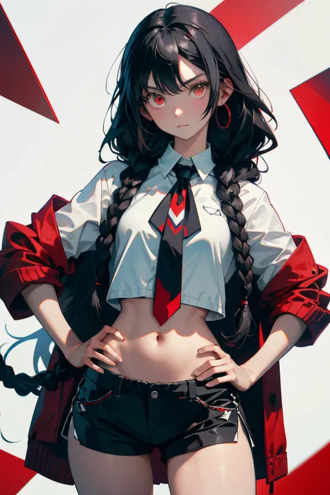 1 girl, black hair, red eyes, navel, looking at the audience, hands on hips, black jacket, dolphin shorts, groin, (white shirt: 1.2), braids, very long hair, wide hips,
Lower chest, shirt,
large  (body proportions),