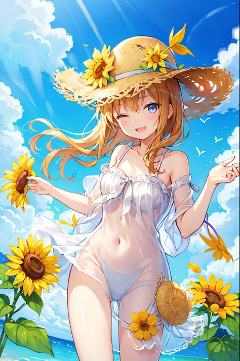 Summer sky、Sun flower、a straw fedora hat、A big smile、oxytocin、One Piece Appearance、Wide open mouth、closed eye、brightened, Energetic、