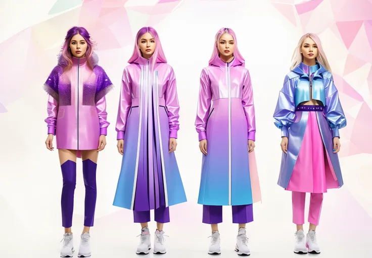 Three women wearing colorful clothes standing side by side, clothing design, fashion concept art, Purple and pink leather clothing, SleekDesign, clothing design, clothes from the future, futuristic clothes, clothing design, speculative fashion, Colorful an...