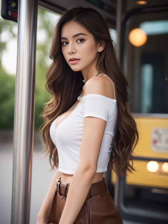 Brown hair, Long hair, Wavy Hair, depth of fields, Cinematic lighting, Blurry, Glowing light, Cowboy Shot, From below, Bokeh, Bokeh, Eye-Level Shot, F/1.2, 85 mm, Sony FE GM, hight resolution, Best Quality, high details, Super Detail, Textured skin, nffsw....