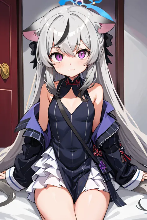 tmasterpiece， best qualtiy， ultra - detailed， 1girll，Gray hair Kokona， inside in room， Purple eye， ：3，the face， closeup cleavage