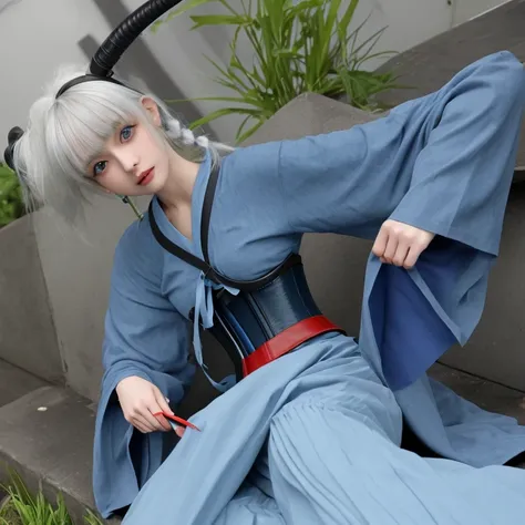 A girl with white hair with bangs and a small braid, a blue kimono with corset, completely white eyes, blue horn and a red horn