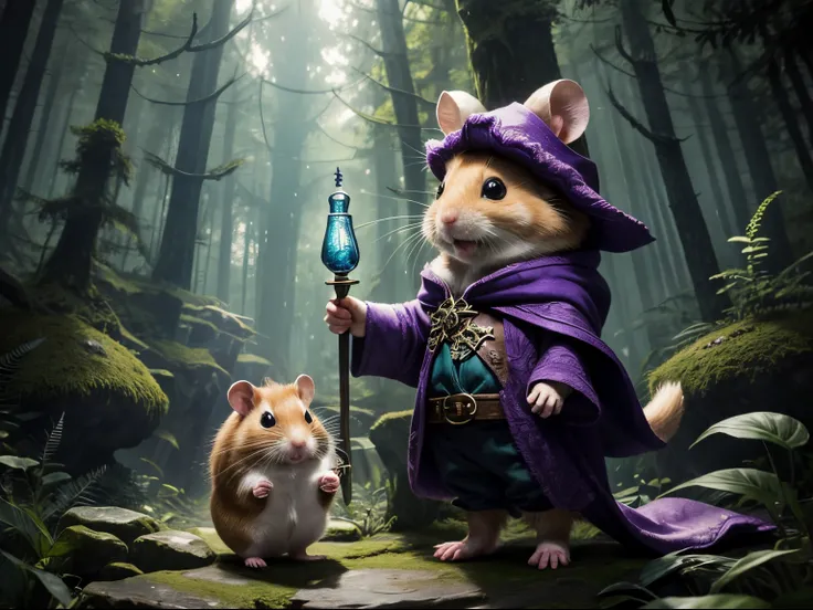 Adorable hamster Ridley stars as wizard， is wearing casock，Adventure in the forest，alchemic, potion,Lola,designs, Fantasy aesthetics, The is very detailed, shadow poetry style