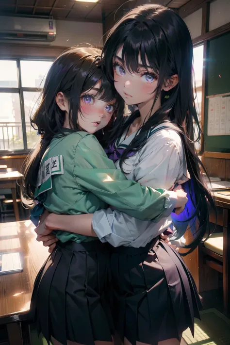 Two girls hugging each other, One has long black hair......., Purple eyes..., The other has long ash-gray hair......., Green eyes..., High quality, a couple , Girls love girls............., Yuri ,beautiful  Girl, lesbian, Lovers ,. Koi., . expression of lo...