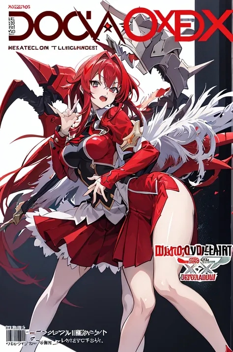 Defaults17Style, 1girl, solo BREAK ((magazine cover written  DxD x Overlord/ Crossovers)), masterpiece, best quality, highres, clas, awesome pose,rias gremory, school uniform, red skirt,