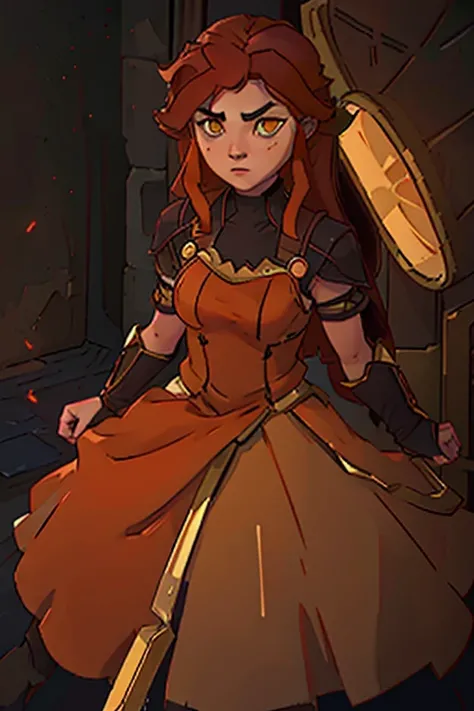 young woman, dark olive skin, orange hair, long curly hair, wearing a dark red ballgown with gold armor, yellow/orange eyes