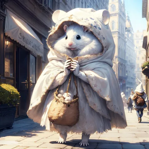 (best quality at best,a high resolution:1.2),beautiful masterpiece:1.2,  cu73cre4ture, white hamster wearing a cloak,carrying a ...