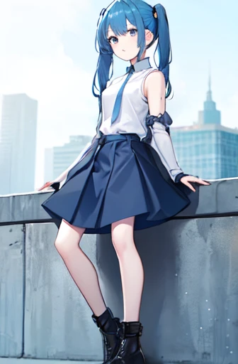 Black skirt,Light blue tie,Full body,Twin-tailed,lightblue hair,