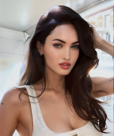 arafed woman with long black hair and a white tank top, portrait young megan fox, angelina jolie, instagram model, beautiful mod...